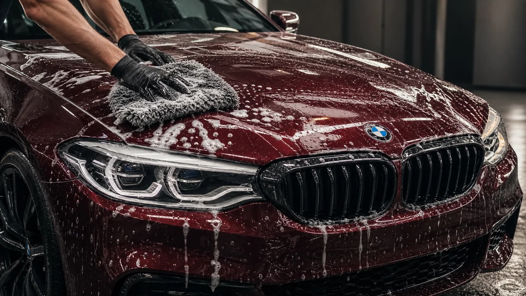 Deep burgundy luxury vehicle being professionally washed by hand
